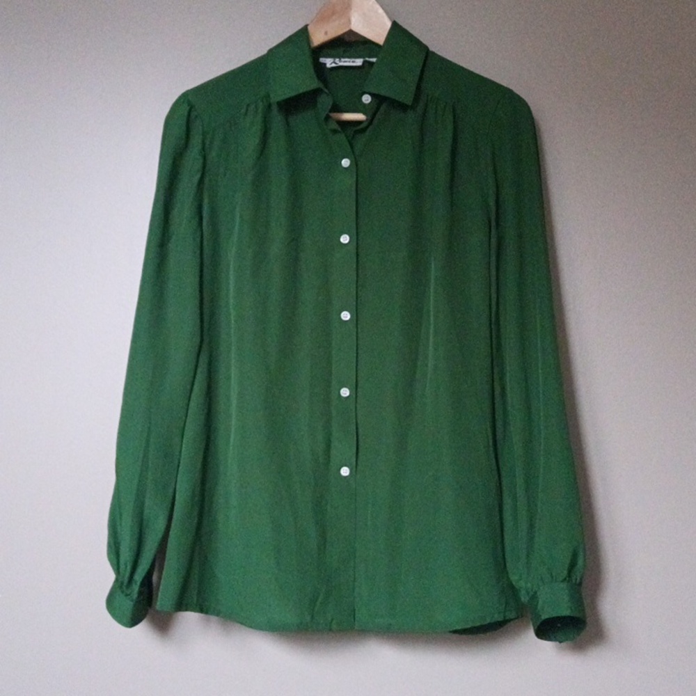 Ptp21" Vintage Flowy Green Long Sleeve Ruched Button Blouse - Picture 11 of 15